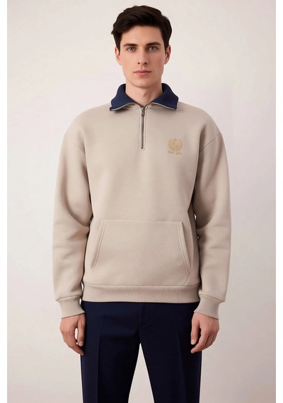 Benerly Erkek Fermuarlı Dik Yaka Düşük Kol Nakışlı Sweatshirt Fonksiyonel Gri