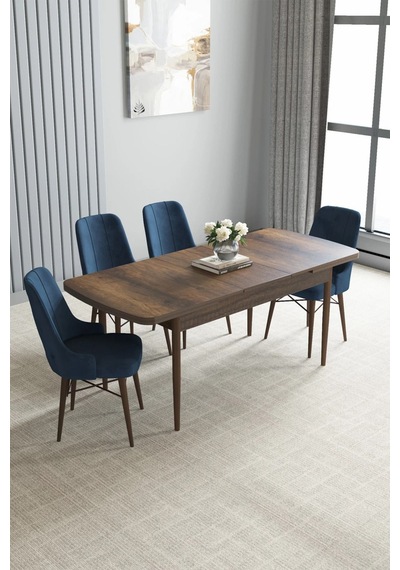 Zümra Serisi, Barok Ahşap Desen 80x132 Açılabilir Mdf Mutfak Masası Takımı 4 Adet Sandalye, Lacivert Zümra Serisi, Barok Ahşap Desen 80x132 Açılabilir Mdf Mutfak Masası Takımı 4 Adet Sandalye, Lacivert