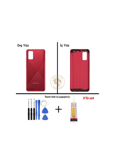 Samsung Galaxy A02s Kırmızı Renk Arka Kapak + Tamir Seti + B7000 Yapıştırıcı Arka Cam Batarya Kapağı Pil Kapağı Lazer Kesim Back Cover Galaxy A02s Uyumlu 46826465