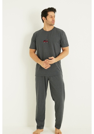 Siyah İnci Kısa Kollu Örme Erkek Pijama Takım 7794 Füme