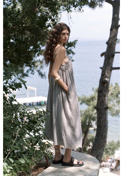 Mai Collection Mai Studios Co. Torrora Uzun Vizon Keten Elbise Vizon