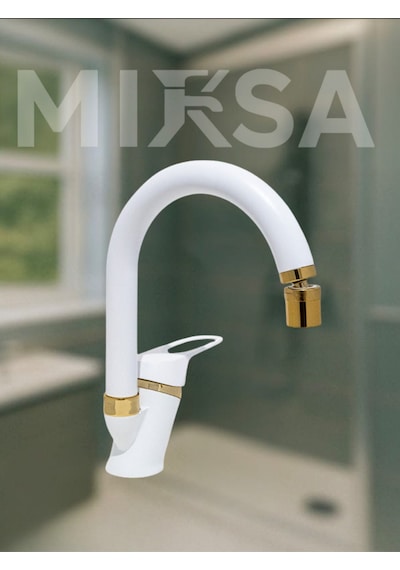 Lüx Beyaz-gold Baston Borulu Oynar Başlıklı Perlatörlü Banyo Lavabo Bataryası, Çiftsugirişli