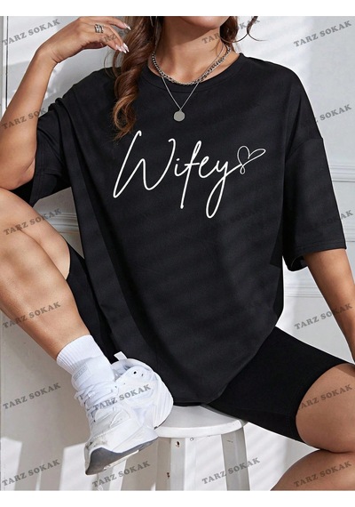 Startmore Unisex Bay Harf Grafikli Düşük Omuzlu Tişört Kod-1337 Siyah