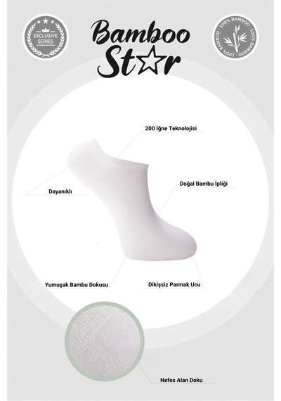 Bamboo Star Bambu Erkek Sneaker Beyaz Çorap Dikişsiz Görünmez Bilekte Görünmez Spor Çorap Premium 6'lı Paket