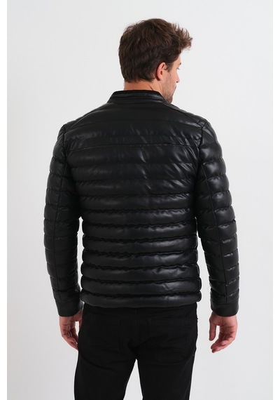 Oliggopol Erkek Siyah Slim Fit İçi Kürklü İç Cepli Şişme Deri Mont Siyah
