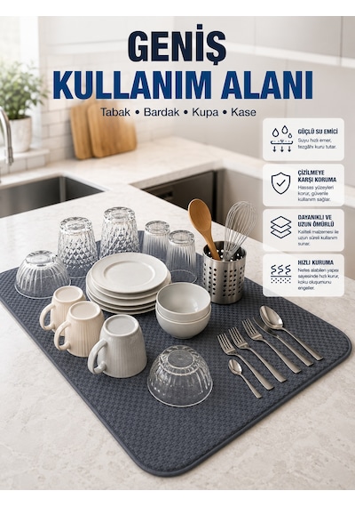 Mikrofiber Bulaşık Kurutma Matı Yüksek Su Emici Mutfak Kurutma Örtüsü - Lisinya Lacivert