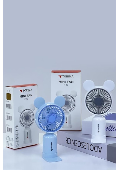 Torima F-12 Beyaz Mini Taşınabilir Fan Şarjlı 2 Kademeli Ledli Ayıcık Kulak Vantilatör Klima Soğutucu Fan
