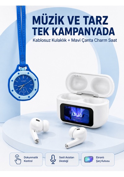 Ekranlı Kablosuz Kulaklık Ve Mavi Çanta Charm Saat Kampanya Seti - Lisinya