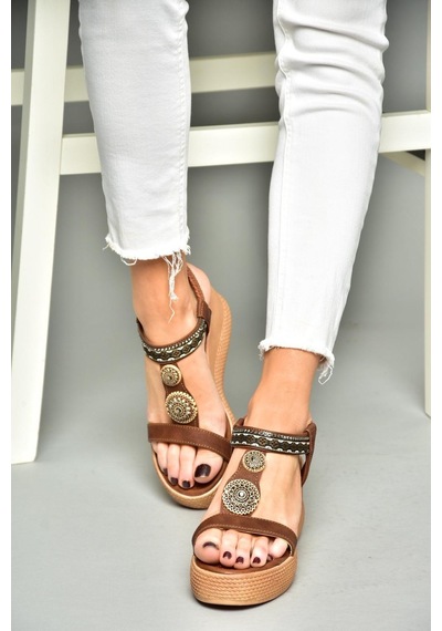 Fox Shoess258136009 Taba Dolgu Tabanlı Kadın Sandalet Taba