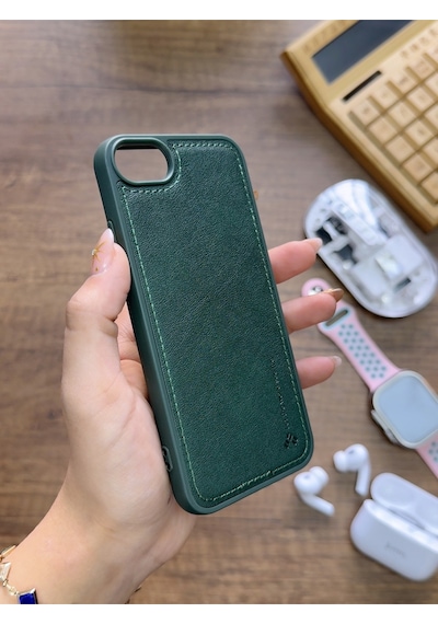 Apple iPhone 7 Uyumlu Premium Deri Dokulu Darbelere Karşı Dayanıklı Nazal Silikon Kılıf Haki