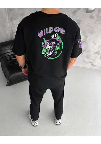 Barlashive Erkek Kısa Kol Tişört Bisiklet Yaka W Wildone Baskılı T-shirt - Siyah Çok Renkli