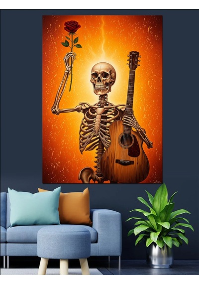 Ahşap Tablo İskelet Gitarlı Müzisyen Retro