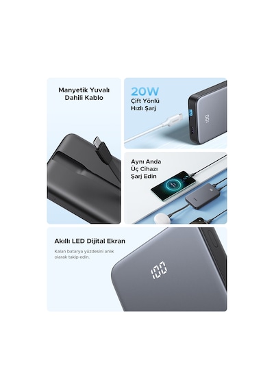 Ugreen Zapix 10.000 Mah 20w Dahili Usb-c Kablolu Hızlı Şarj Powerbank, 75161b Gri