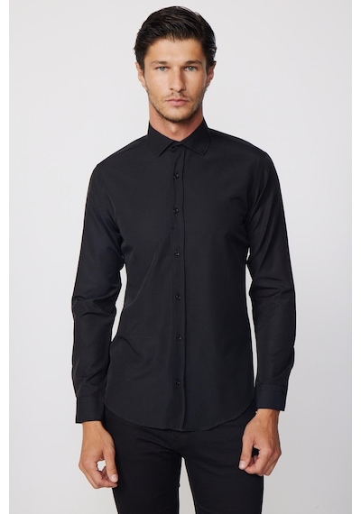 Tudors Slim Fit Uzun Kollu Pamuklu Kolay Ütü Siyah Erkek Gömlek-17088 Siyah