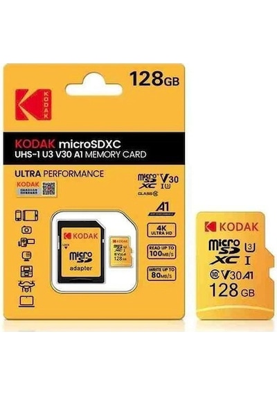 Kodak 128gb Uhs-ı U3/v30/a1 Yellow Micro Sd + Adaptör