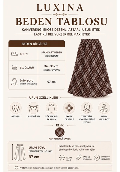 Kahverengi Ekose Desenli Astarlı Uzun Etek Lastikli Bel Yüksek Bel Maxi Etek