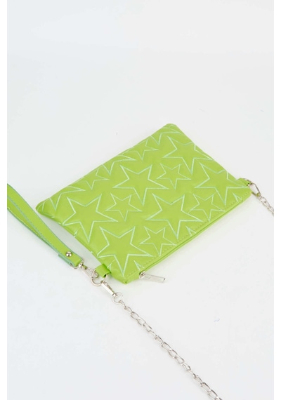 Vivaq Kadın Neon Yeşil Yıldız Nakışlı Suni Deri Bilek Ve Zincir Askılı Portföy El Ve Clutch Çanta