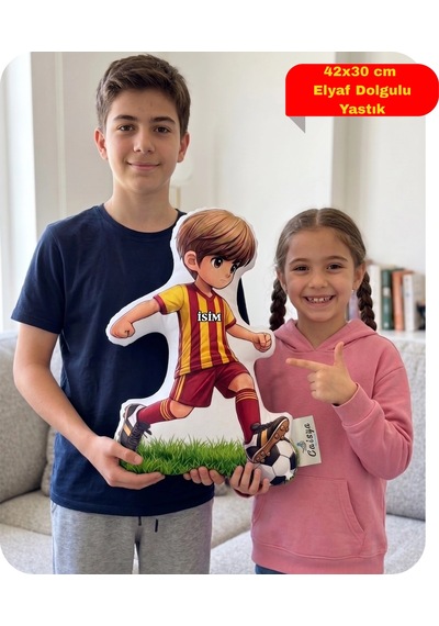 Taraftar Yastık Sarı Kırmızı Formalı Futbolcu Figür İsimli Yastık Çift Yön Baskılı Yastık 42x30cm Kırmızı - Sarı