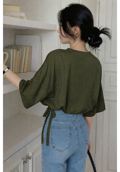 Kadın Oversize Basic Haki Tişört Yan Bağlamalı Rahat Kesim Günlük Yazlık T-shirt
