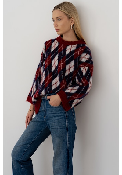 Noa & Noa Kadın Oversize Sardonlu Tiftik Kazak Yumoş Dokulu & Desenli Bordo