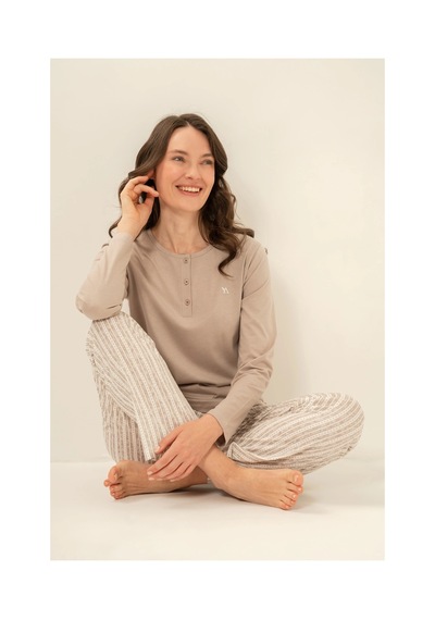 Angbutik Arnetta 3779-s Kadın Uzun Kollu Pijama Takım Vizon