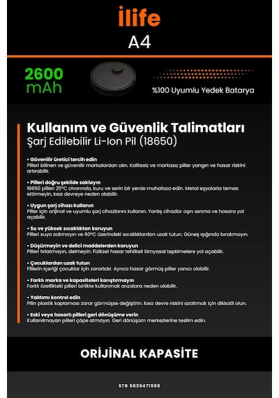 İlife A4 2600mAh Robot Süpürge Bataryası