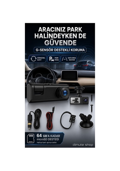 3 Kameralı Araç İçi Güvenlik Kamerası 1080p Full Hd Gece Görüşlü G-sensor Destekli - 784023332