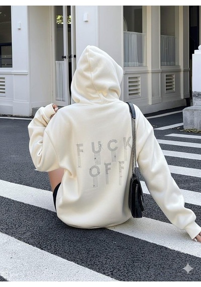 Afri Kadın Ekru Oversize Kapüşonlu Sweatshirt Taş Detaylı F Ck Off Yazılı Rahat Günlük Kapüşonlu Üst Ekru