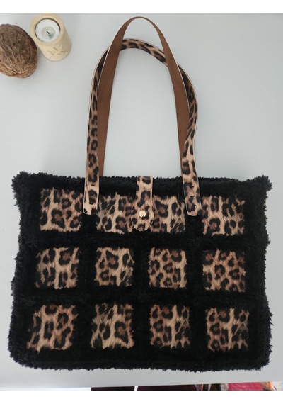 Fikriharika Design Leopar Desenli, Kürk İp, Büyük Boy, Kadın Omuz Çantası Siyah - Leopar