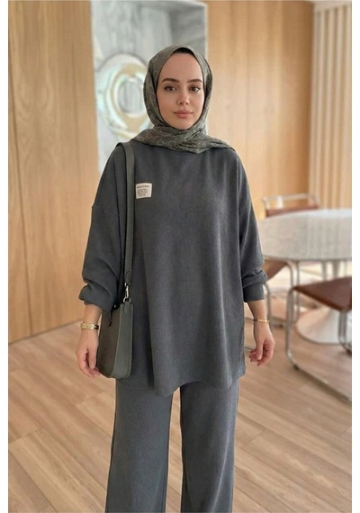 Unika Boutique Fitilli Armalı Detaylı Oversize Kaşkorse Basic Alt Üst Takım Gri
