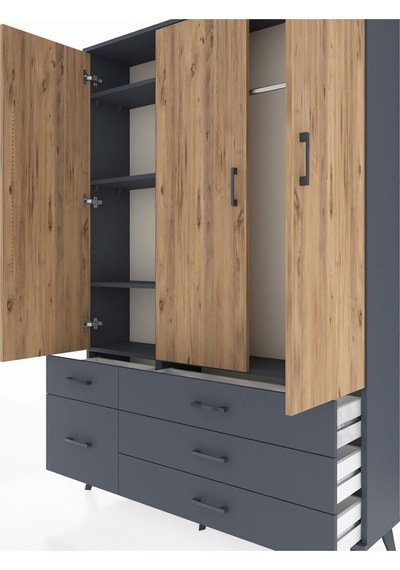 Arges Dolap 5 Raflı 5 Çekmeceli Tek Askılı 132x30x195 Antrasit-çam/antrasit Atlas Çam/antrasıt