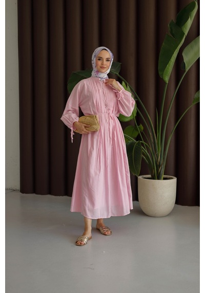 Moonsc Kadın Regular Fit Nervürlü Pamuklu Astarlı Keten Pembe Tesettür Elbise
