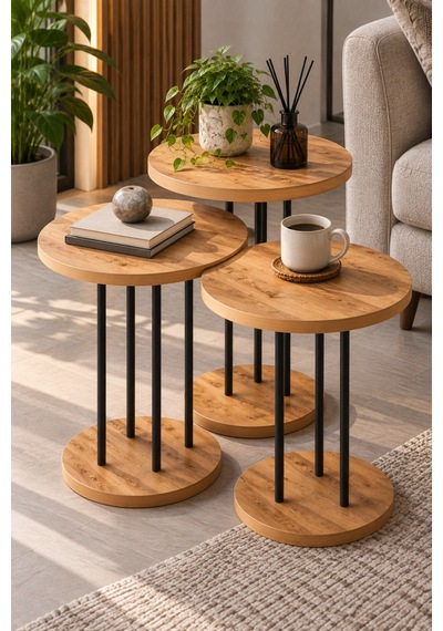 Sulorahome Çam Desenli Metal Ayaklı Yuvarlak Zigon Sehpa Takımı 3'lü