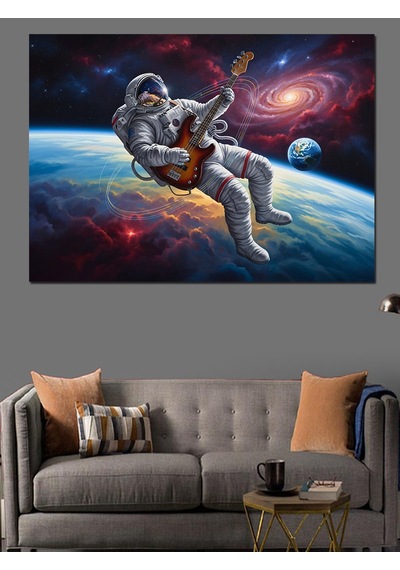 Uzayda Gitar Çalan Astronot Tablo Dekoratif Kanvas - Mdf Ahşap Tablo