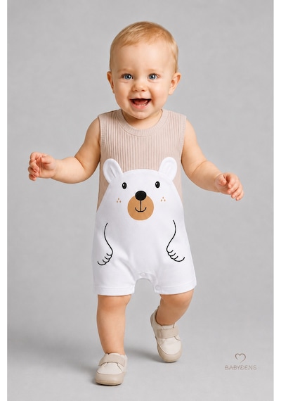 Babyden's Erkek Bebek Yazlık Ayıcık Baskılı Fitilli Tulum %100 Pamuk Kolsuz Şort Tulum Yenidoğan Bebek Romper 0-9 Ay Bej