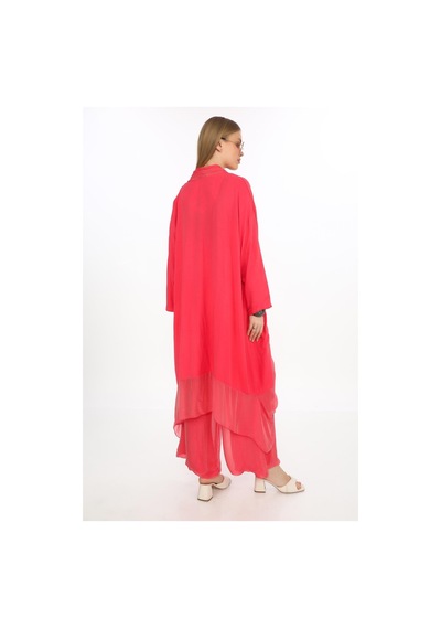 Bohem Stil Italyan Ipek Detaylı Oversize Kap Bluz- Wes Pantolon Takım-8863 Mercan Pembe