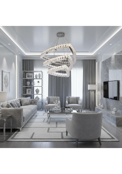 Simet 3 Katlı Kristal Taşlı Krom Ledli Avize