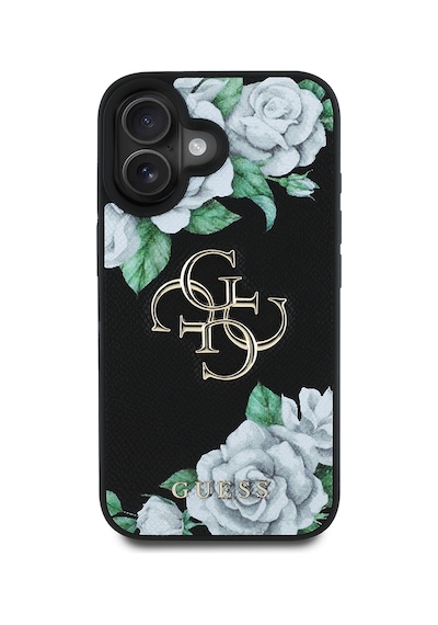 Apple Uyumlu iPhone 16 Kılıf Guess Lisanslı Gül Baskılı Büyük Metal Logo Dizaynlı Kapak Siyah