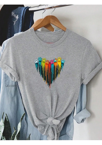Unisex Sevimli Kedi Patili Kalp Tasarım Basklı Tshirt Gri