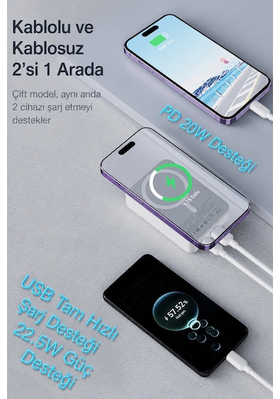 Exenar - Beyaz - 15w Kablosuz Şarjlı Powerbank Standlı Magsafe Pd 20w Hızlı Şarj 10.000 Mah Dijital Göstergeli