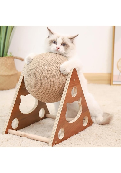 Tineke Ahşap Jüt İpli Kedi Tırmalama Topu Oyuncağı Evcil Hayvan Oyuncağı