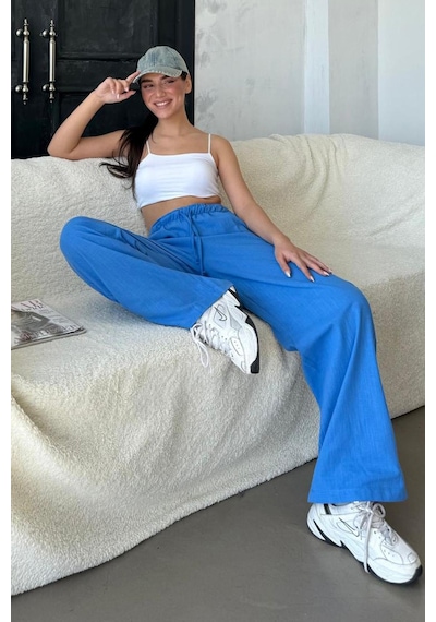Madmext Saks Beli Büzgülü Wide Leg Kumaş Pantolon Mg1950 Saks