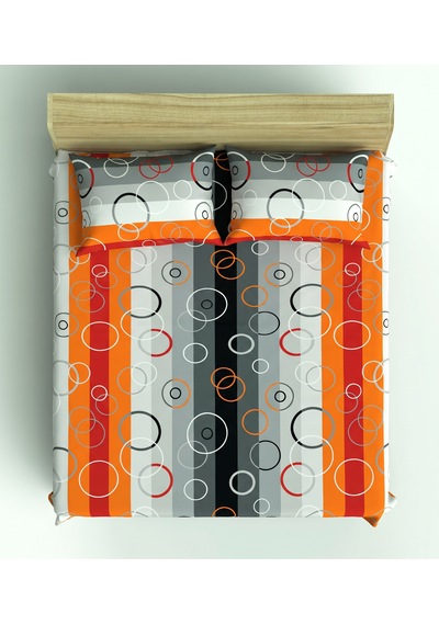 Maki Home %100 Pamuklu Çift Kişilik Çarşaf 160x200+2 50x70 Turuncu Ve Gri Çizgili Geometrik Halka Desenli Çok Renkli