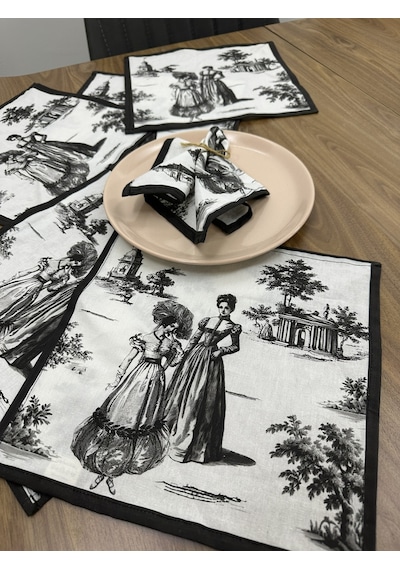Toile De Jouy Paris Amerikan Servis 6 Lı Set 30x30 Cm %100 Pamuk Dijital Baskılı Klasik Fransız Tarzı Masa Dekoru - Zt720 Siyah