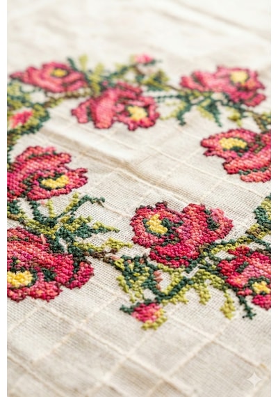 Handmade Kanaviçe İşlemeli Güpürlü Masa Örtüsü Monika Kumaş Nostalji Serisi Ekru