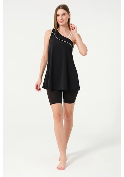 Tesmay 24158 Siyah Tek Omuz İki İpli Lycralı Yarı Kapalı Havuz Mayo Siyah