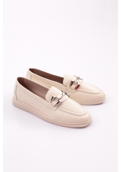 Dgn 981z Kadin Metal Tokali Loafer Ayakkabi Ekru Napa