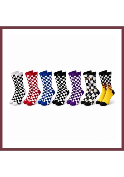 Storeşahin Unisex Çorap Dama Desenli Renkli 7'li Set Kareli Alev Desen Uzun Soket Günlük Spor Çorabı Shn0720 Çok  Renkli