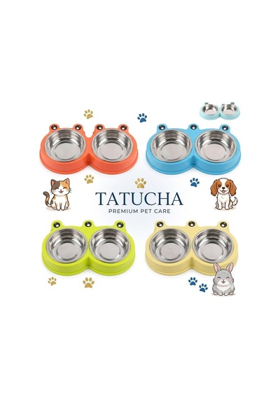 Tatucha Kurbağa Tasarımlı Çift Hazneli Paslanmaz Çelik Kedi Köpek Mama Ve Su Kabı, Mavi