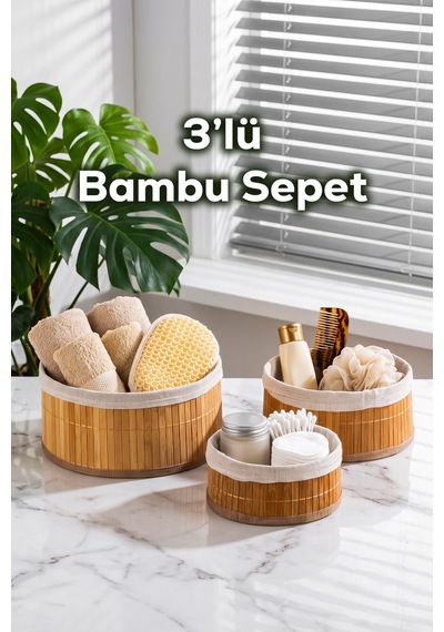Porsima Pbt-598 3lü Hasır Sepet Kapaklı Yuvarlak Bambu Sepet Seti Dekoratif Banyo Mutfak Düzenleyici Organizeri